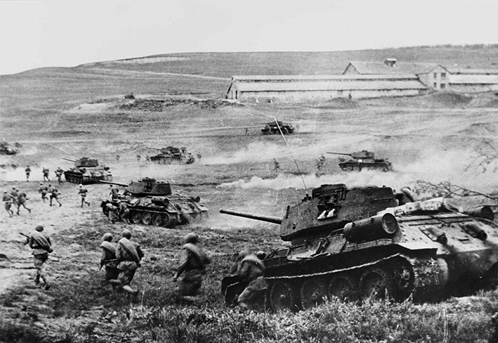 Soviet T-34 tanks and infantry advance, Battle of Kursk